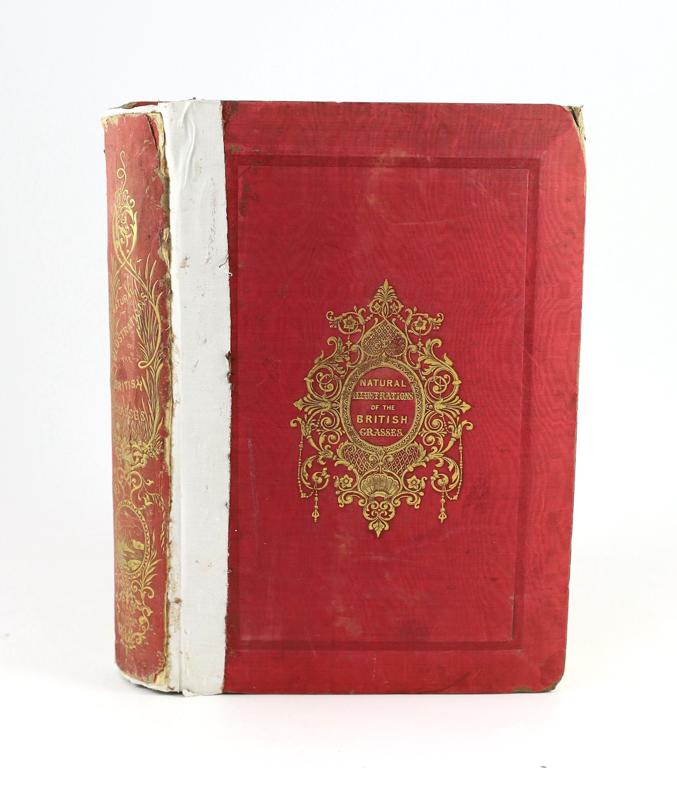 Hanham, Frederick (editor) - Natural Illustrations of The British Grasses, 1st edition, folio, red watered silk, by Astle & Sins, with 62 pages of actual specimens of dried grasses, spine crudely repaired with tape, Bath